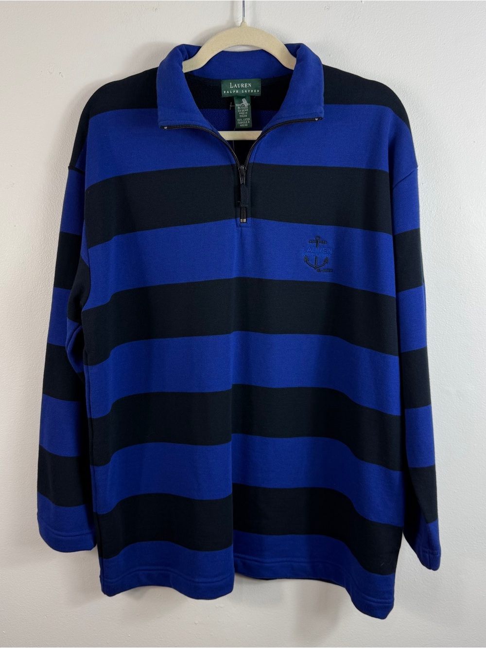 NWT Lauren Ralph Lauren Rugby Sweater Womens M Blue Striped 1/4 Zip Anchor Crest